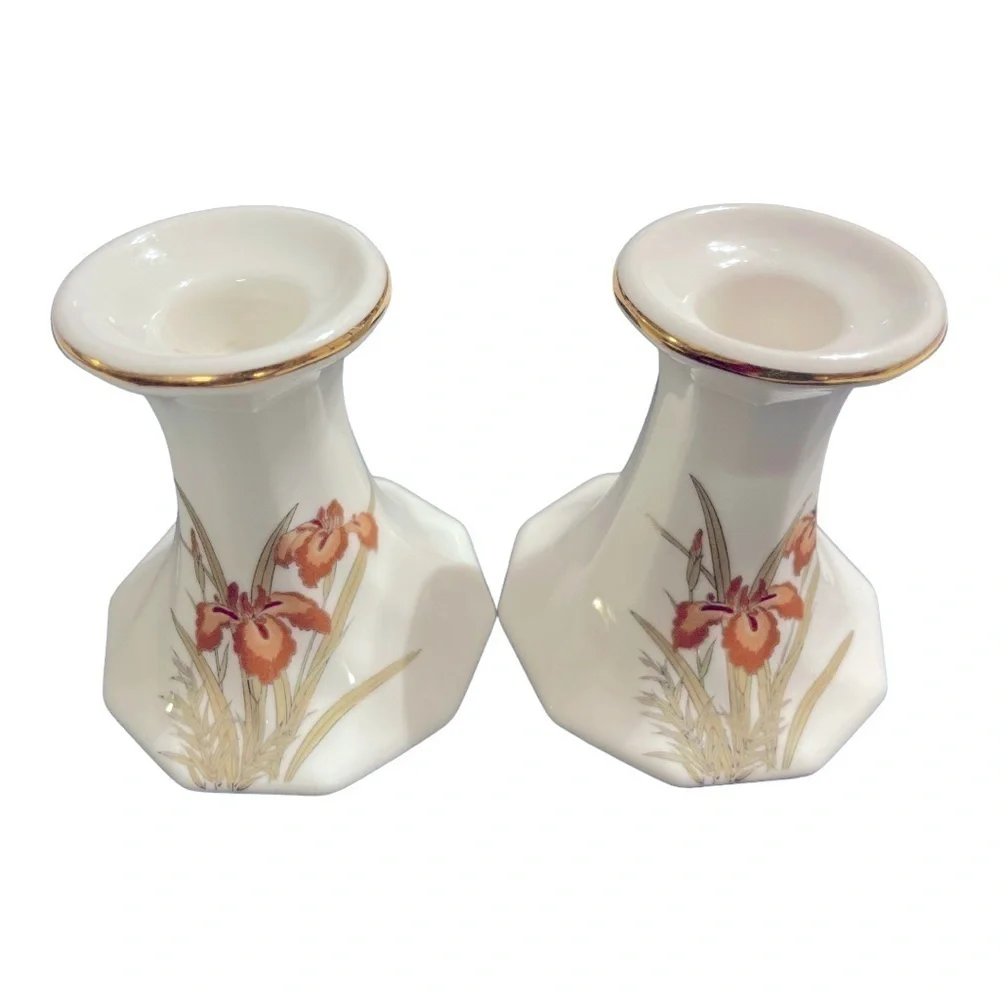 Porcelain White Candlesticks With Peach and Rust Iris flowers And Gilding. Set 2